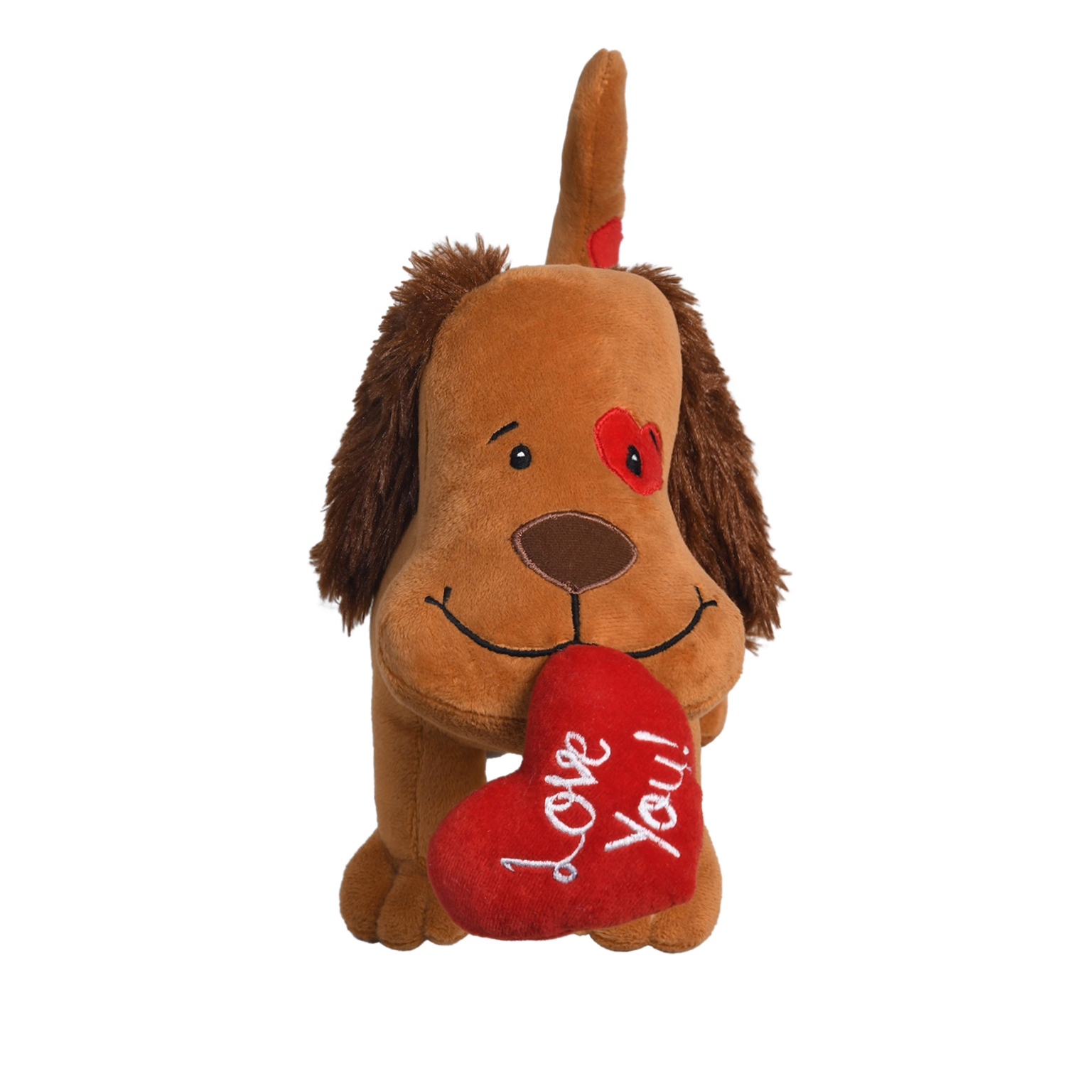 Ultra Cute Plush Dog with Love You Red Heart Stuffed Toy 9 Inch Brown